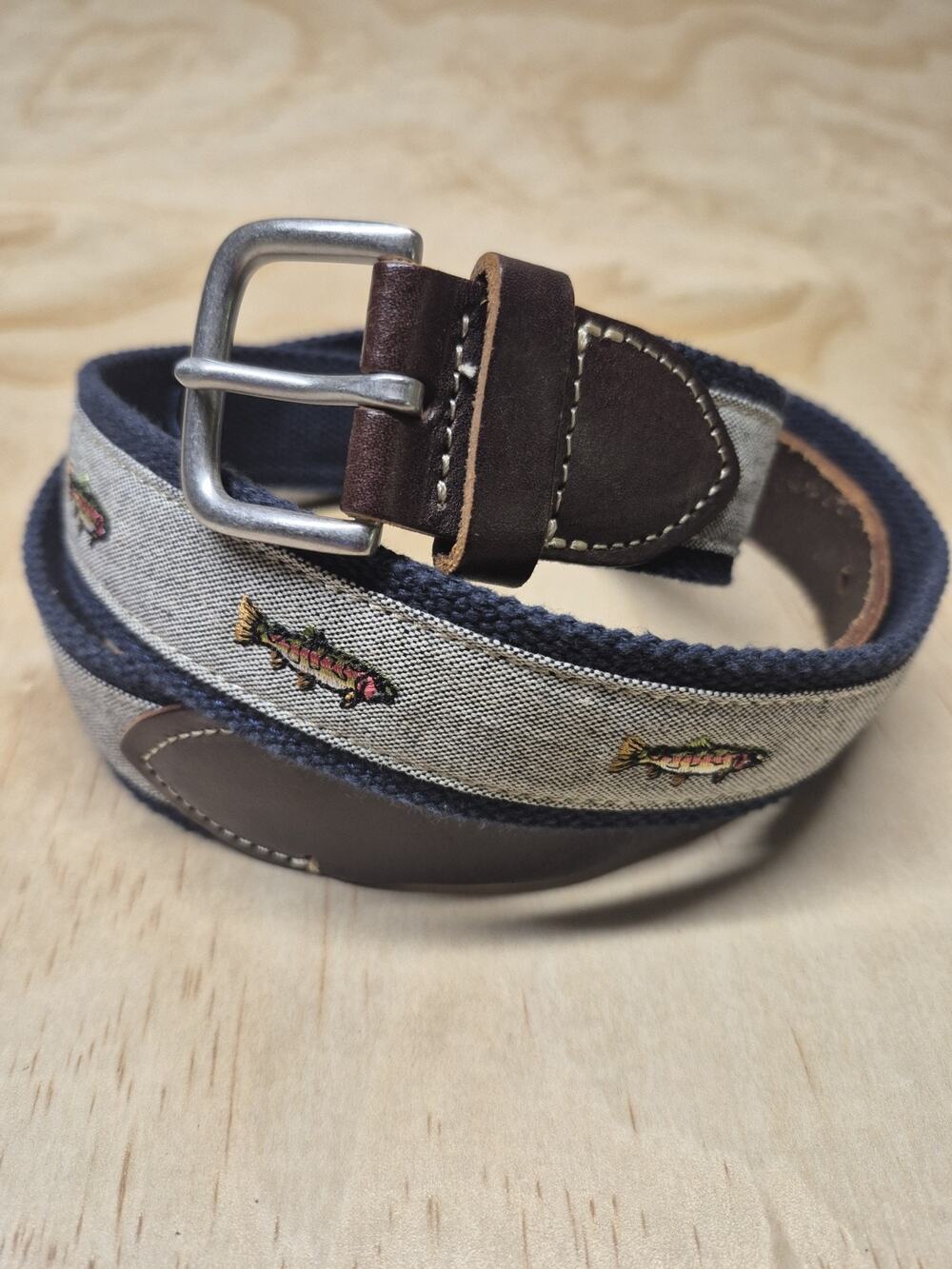 J.Crew Men’s 38 Fish Trout Embroidered Canvas & Leather Belt Navy/Brown Silver